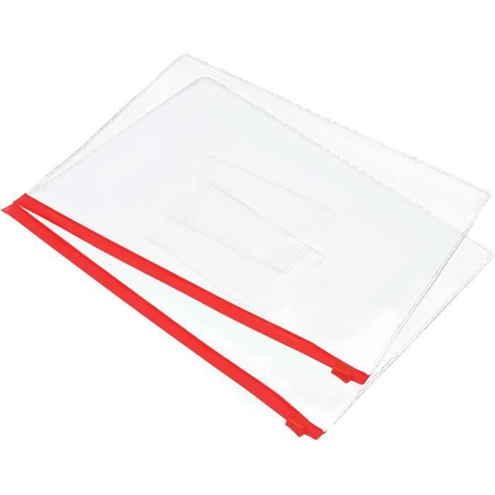 20 Pochettes Plastique A4 à Fermeture Éclair – Transparentes, Bordure Rouge, Idéales Pour Le Bureau