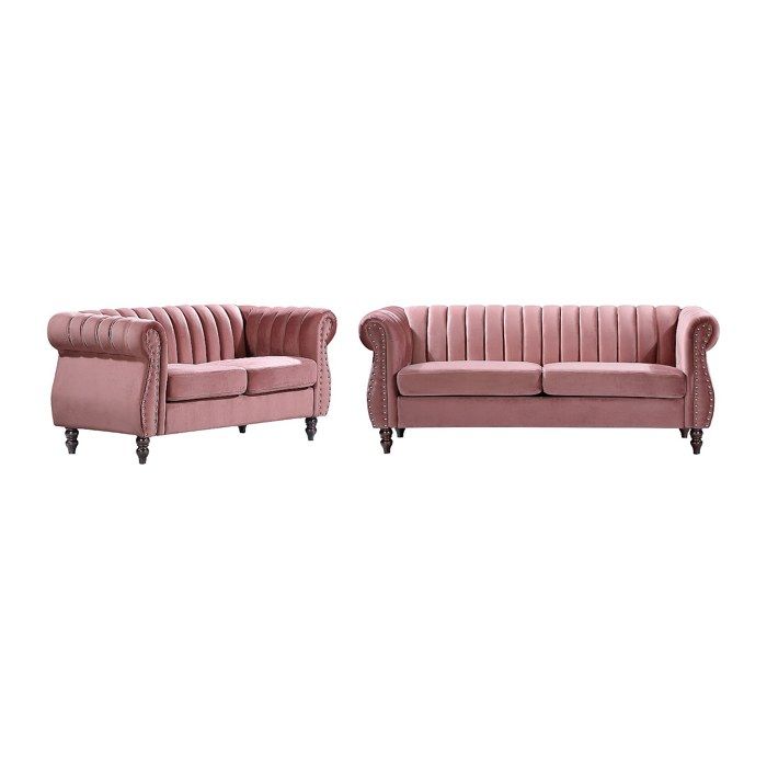 Canapés chesterfield 3 places et 2 places en velours vieux rose TRUMBO