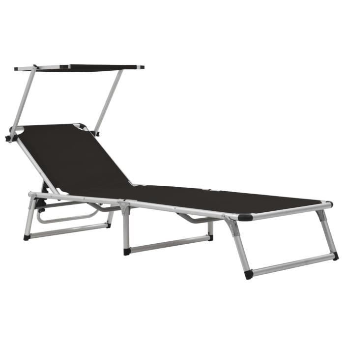 Chaise longue - pliable - avec toit Aluminium et textilène Noir - 186x58x25 5 cm