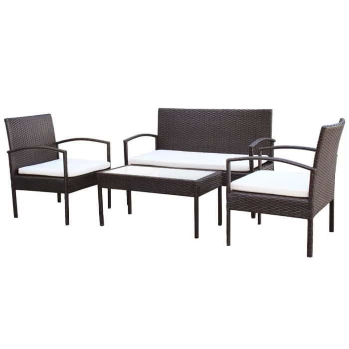vidaXL Salon de jardin 4 pcs avec coussins Résine tressée Marron