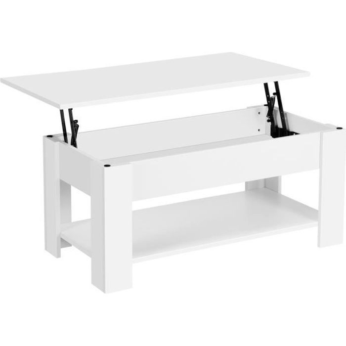 Table Basse Relevable Vintage - Plateau Relevable Rangement Caché Bois MDF - Blanc - YAHEETECH