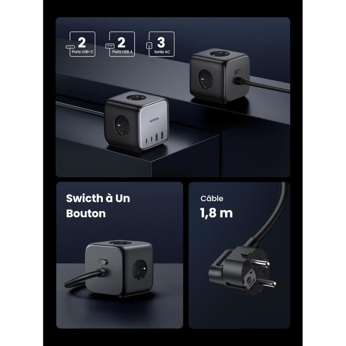 UGREEN DigiNest Cube 7 en 1 Multiprise USB Cube 3 Prises avec 65W