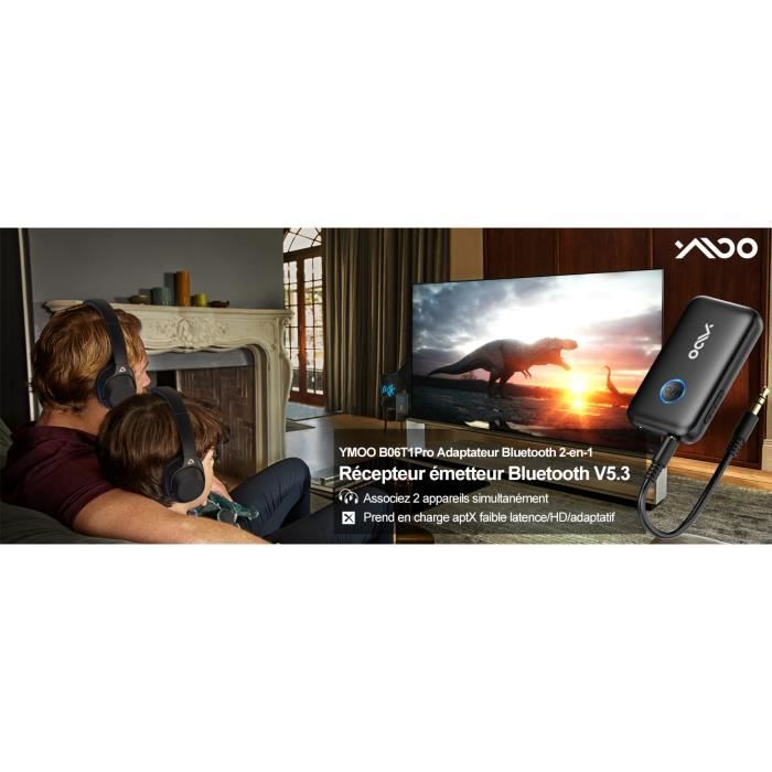 YMOO Transmetteur Recepteur Bluetooth 5.3, Adaptateur Bluetooth Audio 3.5mm  Jack HiFi AUX, Aptx Faible Latence, Diffusion Audio pour TV/Smartphone vers  Casque Bluetooth/Enceinte/Avion
