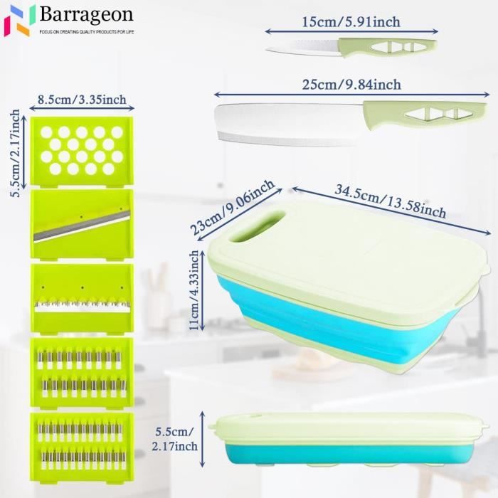 Planche à Découper Pliable 9 En 1 – Bassine Multifonction Avec 5 Trancheuses, Égouttoir, Pour Cuisine & Camping (Vert) Ustensile Pliable Gain De Place 34x23 Cm