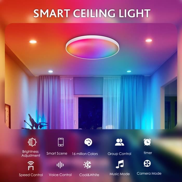 Plafonnier Led Couleur, 30W Luminaire avec Télécommande et Contrôle APP,  Lampe Plafond Dimmable Compatible avec Alexa Google Home - Cdiscount Maison