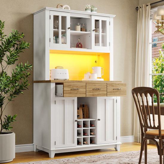 Buffet De Rangement Cuisine/Salle à Manger 120x35x167 Cm – Portes Coulissantes Vitrées, Éclairage LED Pilotable, Étagères Réglables – Blanc - 5