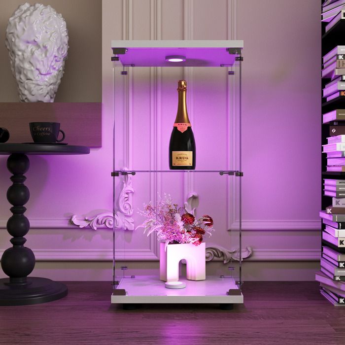 Vitrine En Verre Sur Pied Avec éclairage LED Et Roues - 163x78.5x35 Cm - Verre Trempé 5 Mm, 4 étagères, Serrure - Pour Collection, Livres, Vin (Blanc/Noir) - 3