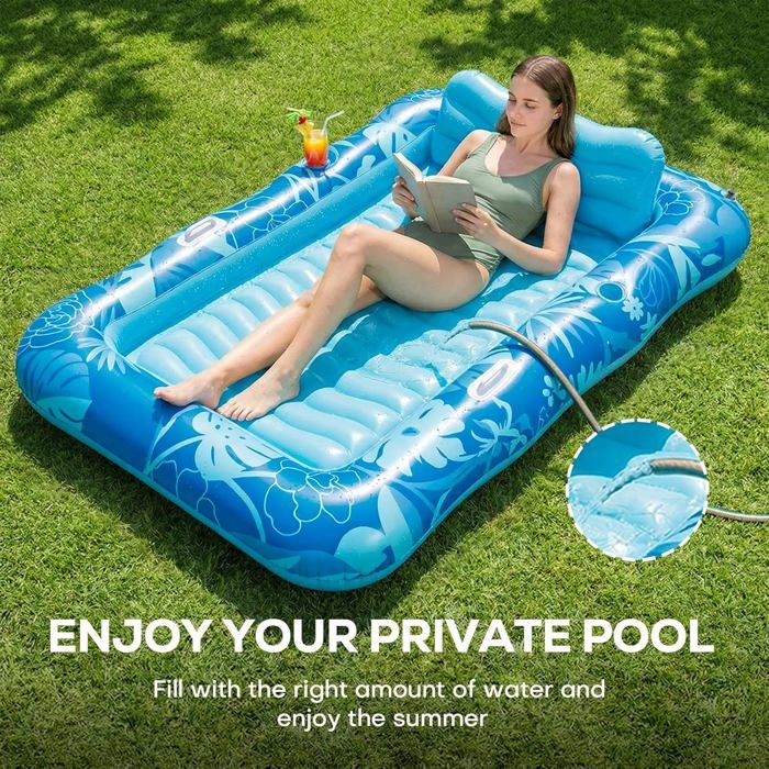 Charmofun Double Piscine de Bronzage Gonflable, Matelas Gonflable Bronzage Tanning Pool avec Bac à Glaçons & Porte-Gobelets, Matelas Eau Bronzage pour Adultes Jardin Plage Fête Aquatique d'été (Bleu