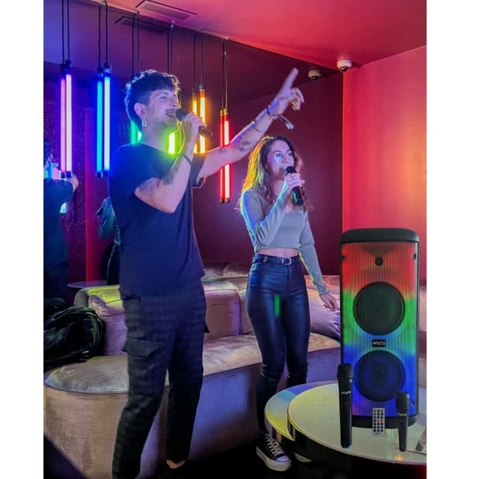 Enceinte Bluetooth Karaoké 600W MOOVING - Avec Micros Sans Fil Et Pack Lumières LED Sur Pied, Portable Et Autonome