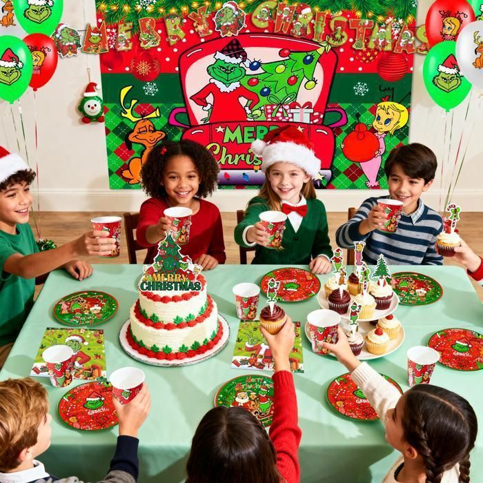 Déco Fête Noël Le Grinch - Kit Complet Avec Bannière 5x3 Pieds, Assiettes, Ballons - Fournitures Anniversaire