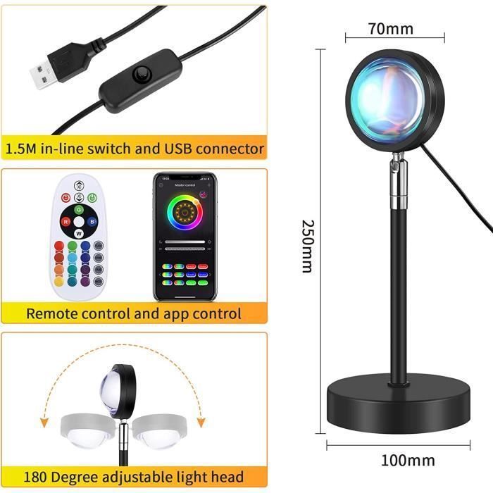 Lampe Projecteur Coucher De Soleil - 16 Couleurs, Rotation 360°, Télécommande, Alimentation USB, Pour Ambiance Chambre Ou Fête
