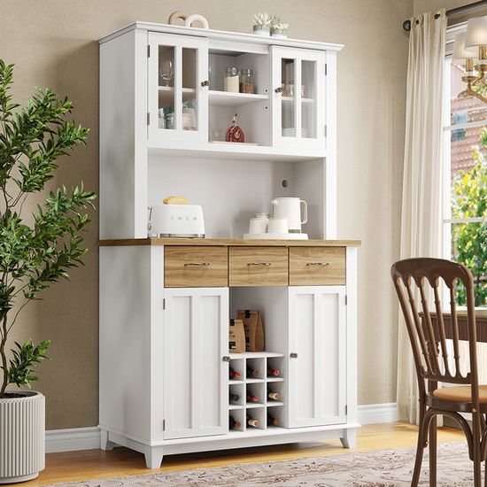 Buffet De Rangement Cuisine/Salle à Manger 120x35x167 Cm – Portes Coulissantes Vitrées, Éclairage LED Pilotable, Étagères Réglables – Blanc