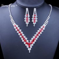 Rouge - ensemble de Bijoux de mariée en cristal, Bijoux de Mariage pour femmes, collier rouge bleu avec perle
