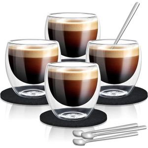 JNSMFC Tasses à café en verre à double paroi avec 4 cuillères,4pcs