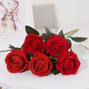 FLEUR ARTIFICIELLE 5 flanelle roses simulation fleur fausse fleur décoration fleur mariage bouquet salon salle à manger bar - grand rouge