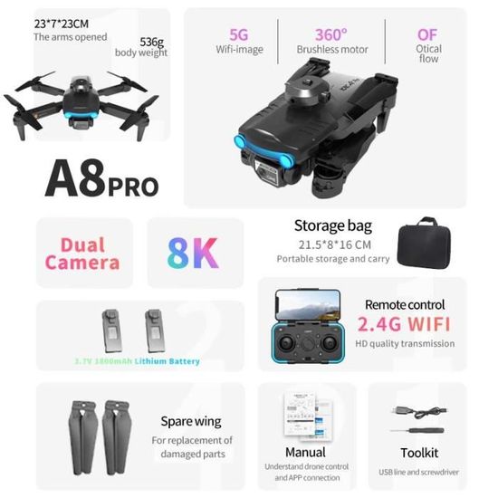 8K-Double C-2B-K750FA-Drone A8 Pro avec caméra HD pour touristes ...