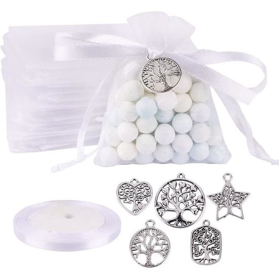 24 Sachets Jute + 24 Pendentifs Arbre De Vie + Ruban Or - Pour Cadeaux Baptême, Mariage