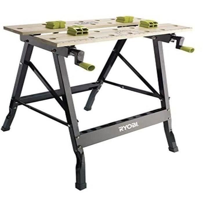 RYOBI Etabli pliable table bambou 605 x 625 x 755 mm 6 kg Livré avec 4 mors et 1 clé de service RWB01