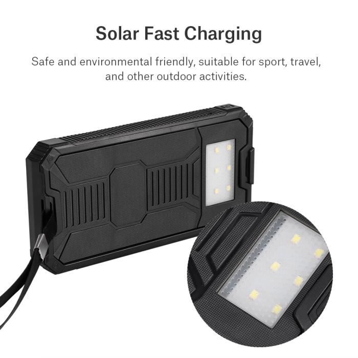 Batterie Externe 20000mAh Dual USB, Chargeur Rapide Solaire Portable - Noir