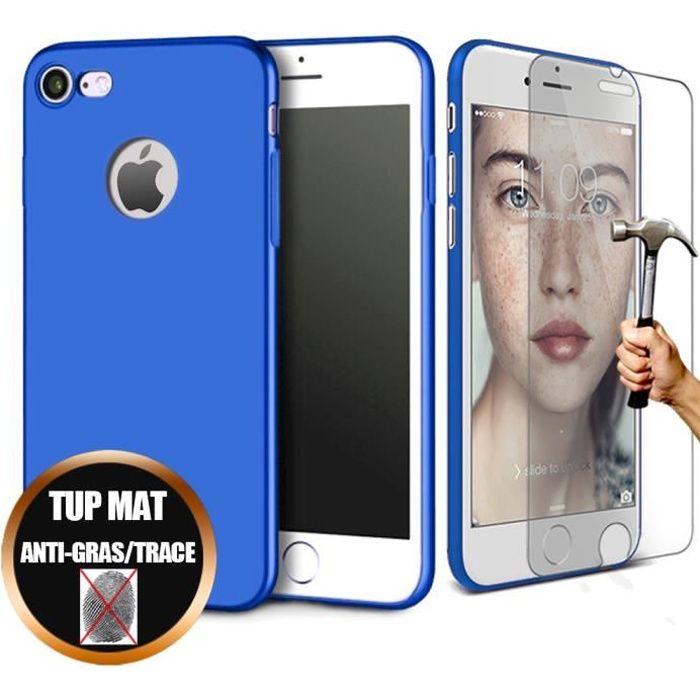 Coque iPhone 7 (4,7') TPU+ Verre Trempé Anti-choc -Mat Bleu
