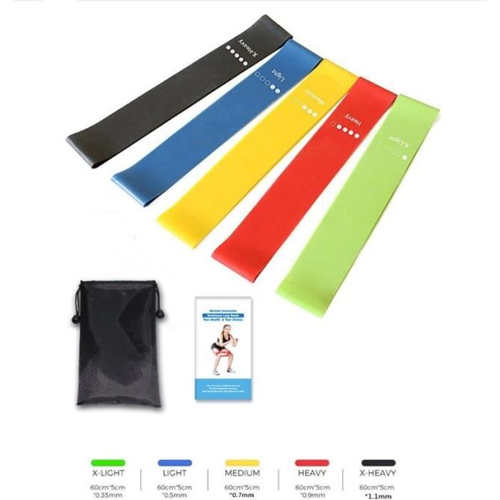Lot de 5 Bandes de Résistance Élastique Latex pour Salle de Gym, Exercice, Yoga, Pilâtes, Kinésithérapie, Rééducation et Motrice