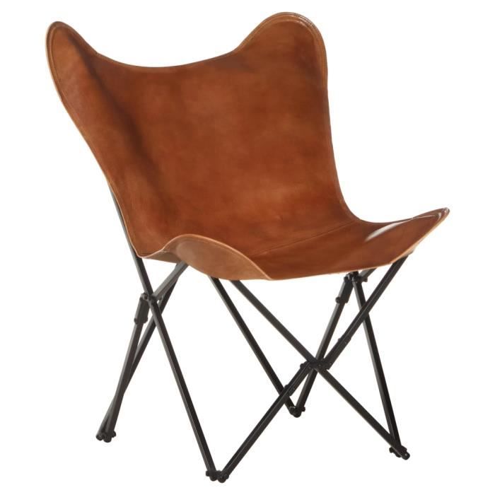 Chaise papillon pliante, Fauteuil camping ,chaise pêche pliable Marron Cuir véritable 73 x 76 x 81 cm -1957