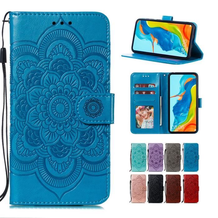 Étui Samsung Galaxy A40S, Silicone Mandala Fleur Portefeuille Cuir Dragonne Pratique Ultra-fin Anti-Rayure, Bleu