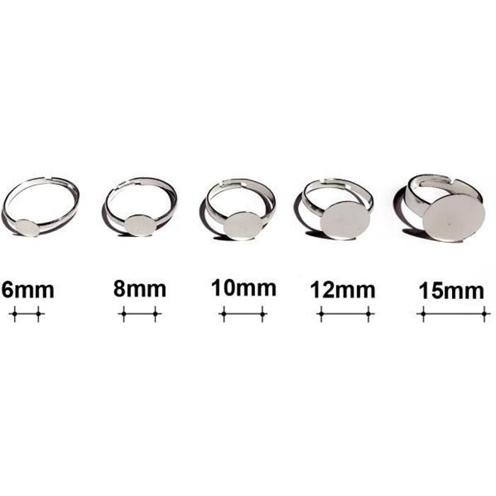 Lot de 30 suports de bague réglable plateau rond argenté- 15mm