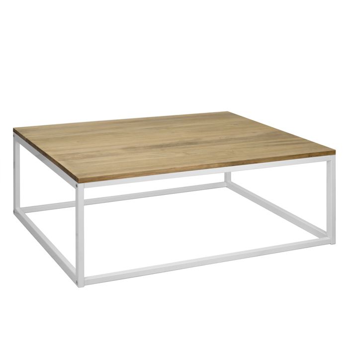 Table basse iCub 80x70x37 Blanc bois de pin massif finition vintage et acier style industriel