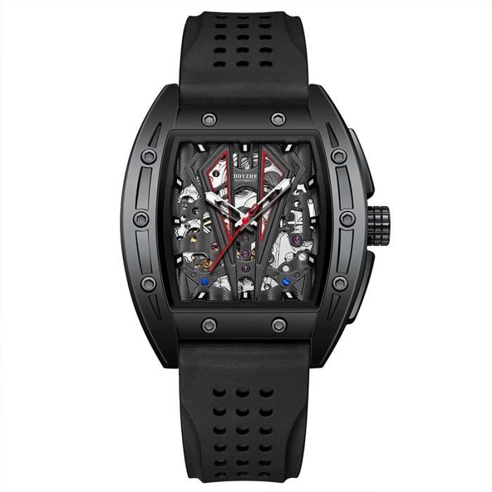 Montre homme mécanique automatique bracelet en silicone de haute qualité cadran en forme de barillet lumineux cool noir de marque