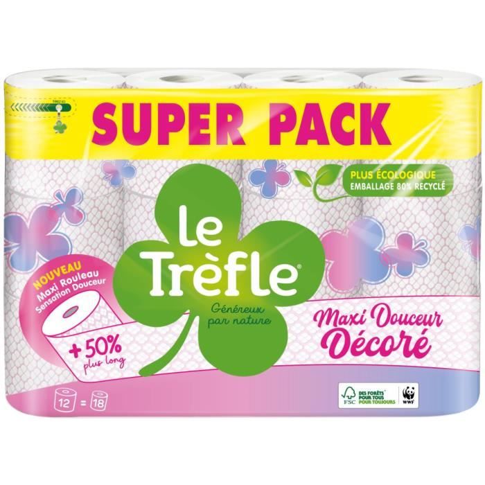 LE TREFLE Papier toilette Maxi douceur - Décoré - x12 = 18 rouleaux
