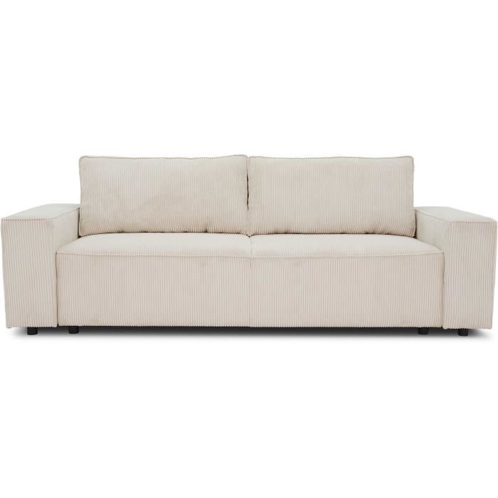 Canapé convertible 3 places JOSH - Tissu velours côtelé beige - Coffre de rangement - L239xP86xH85cm