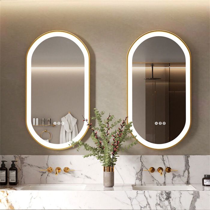 Miroir Mural Salle de Bain Lumineux Anti-Buée avec Cadre Doré Complet Finition Givrée avec Interrupteur Tactile - Ovale 80 x 50 cm