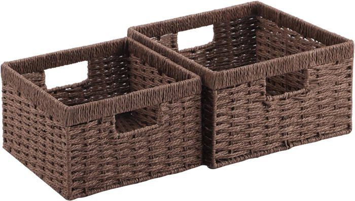 HMF Panier De Rangement Salle De Bain, Panier Tressé En Jacinthe D'eau Avec Poignées En Bois | Set De 2 Pièces