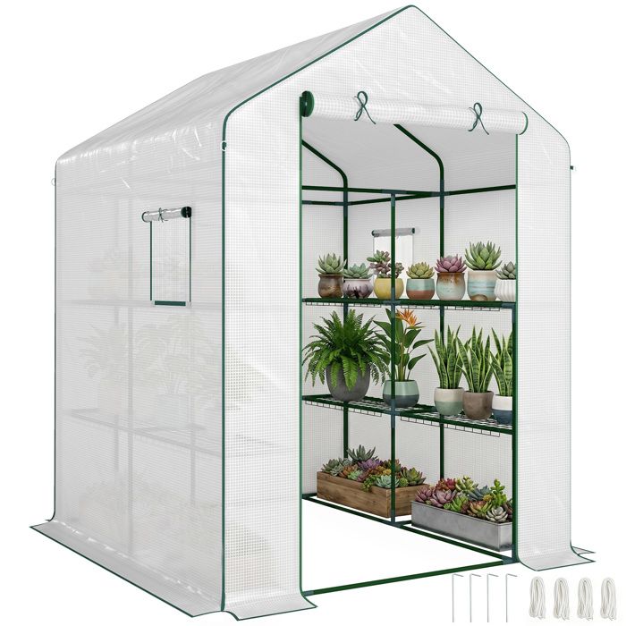 Serre de jardin - Outsunny - avec 1 porte 2 fenêtres étagères à 3 niveaux - bâche PE -140 x 143 x 190 cm - blanc
