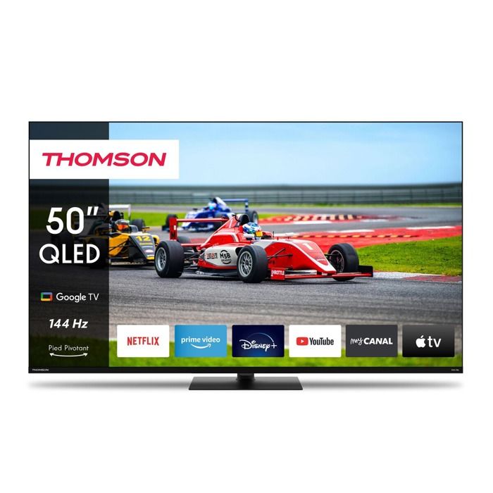TV LED Thomson Google TV 50 QLED Pro avec pied central rotatif 144Hz 127cm 2024