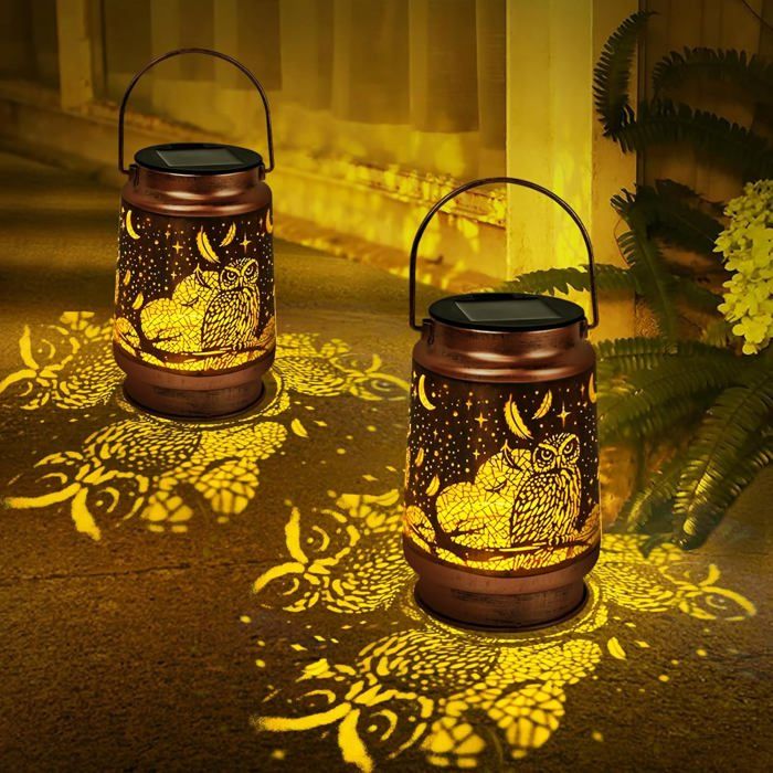2 Pièces Lanterne Solaire Exterieur Lampe Solaire Exterieur Jardin en Métal avec Motif de Hibou Découpé Lanterne Solaire Decorative
