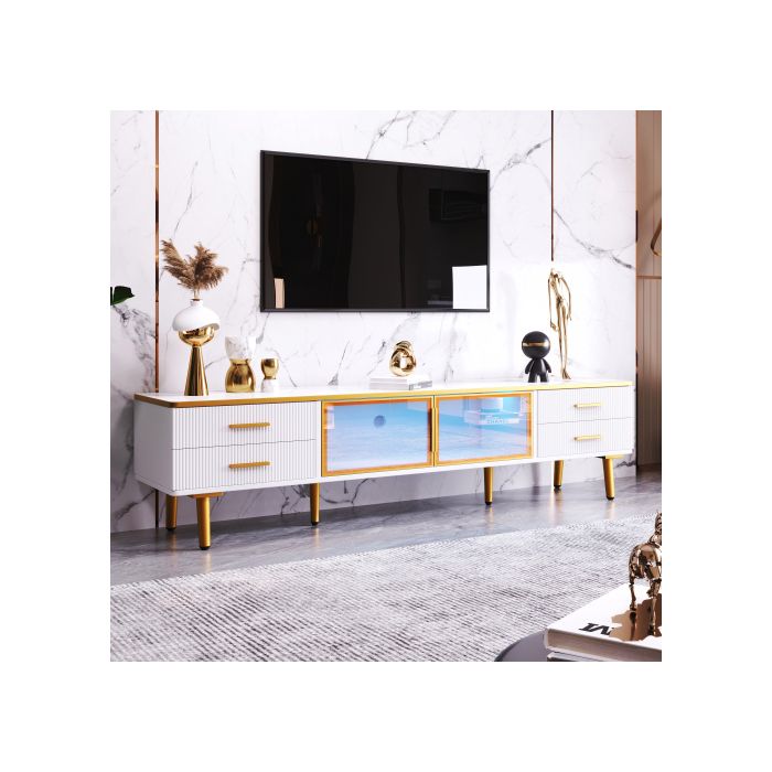 Meuble TV Design Blanc Et Or – 174x35x41 Cm – 3 Tiroirs, Pieds Métalliques Dorés – Pour Téléviseurs 60-69"