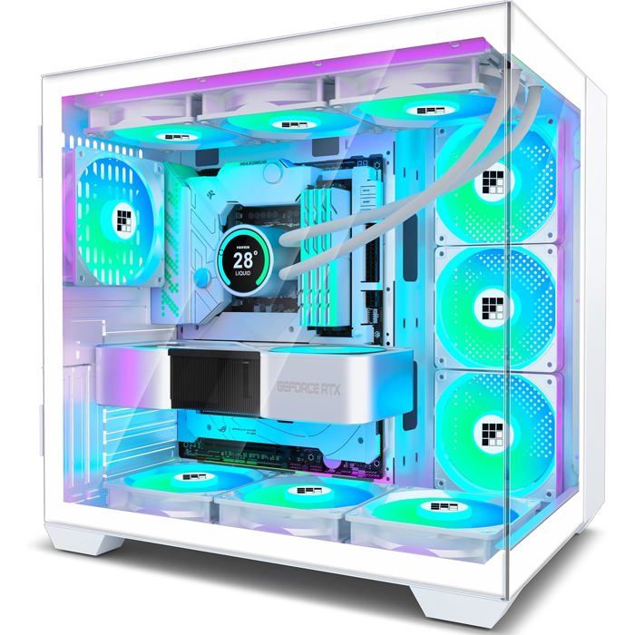 Boitier PC Gaming ATX avec 6 Ventilateurs ARGB PWM Verre Panoramique 270° et USB Type-C – F600 (Blanc)