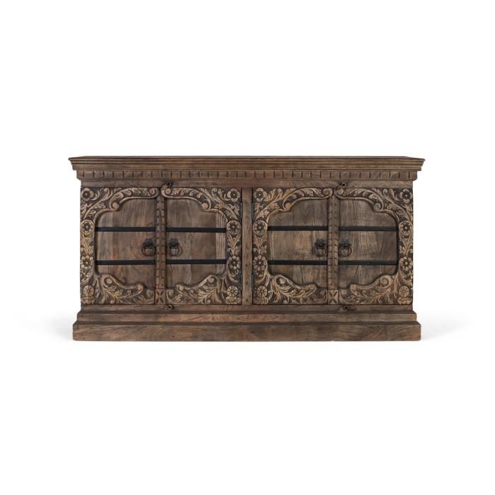 Buffet bas en bois de manguier - 4 portes sculptées - Style ethnique - 180x92x51 cm - Étagères de rangement - Marron