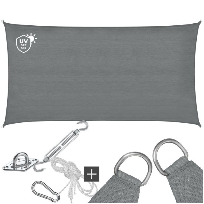 Voile dombrage - TECTAKE - Protection solaire SUNNY extérieur en HDPE indéchirable avec protection UV imperméable 2x4m - Gris