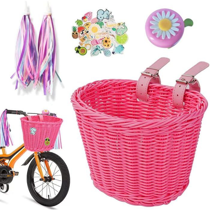 Panier de vélo avant pour enfant amovible en osier avec cloches et serpentins
