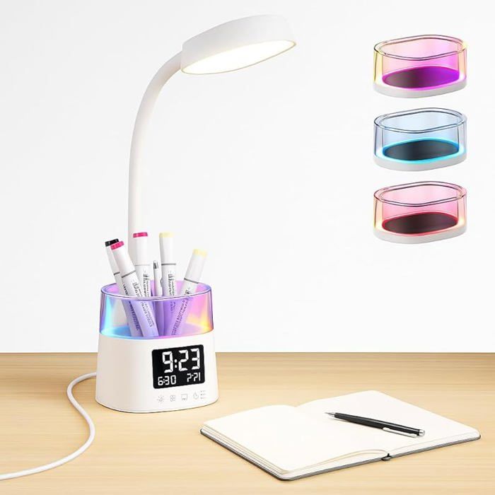 Lampe De Bureau Multifonction - Horloge, Minuterie, Lumière RGB, Porte-stylo Et Couleurs Réglables