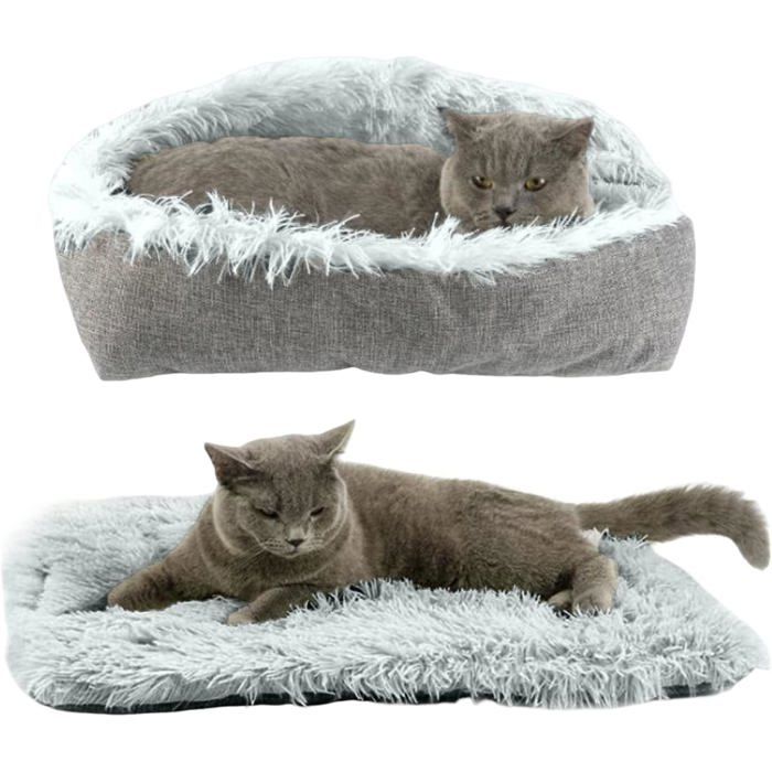 Panier pour chat dintérieur et petits chiens 2 en 1 auto-chauffant pliable convertible en peluche lavable en machine (gris)