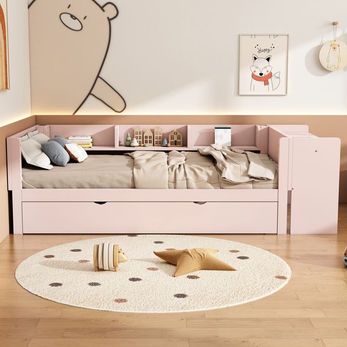 90*200cm lit plat avec lit gigogne avec bureau trois étagères sur le côté du lit rose