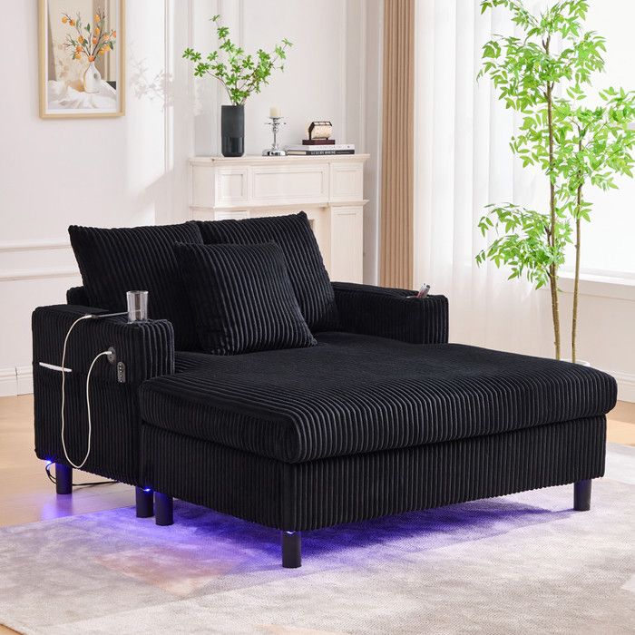Fauteuil de relaxation - LED multicolores intégrées - Ports USB & Porte-gobelets latéraux - Ergonomique - Velours Noir