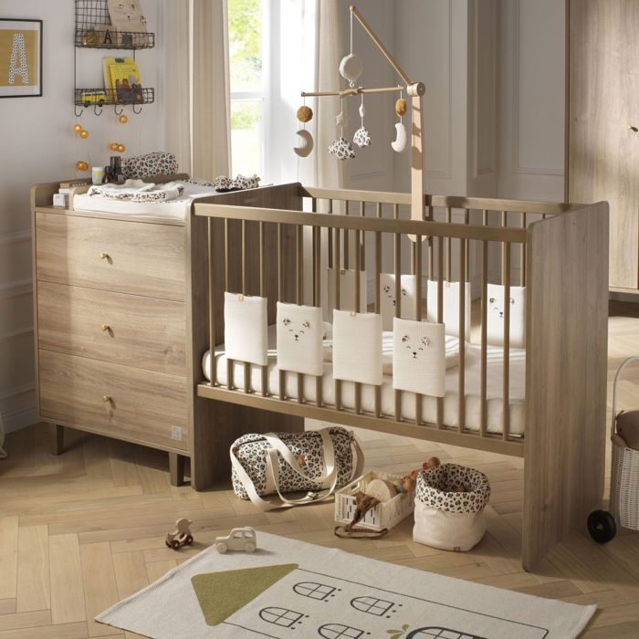 Lit combiné évolutif - MOKKA - 60x120→90x190 - Décor chêne Mokka - Commode 3 tiroirs réversible