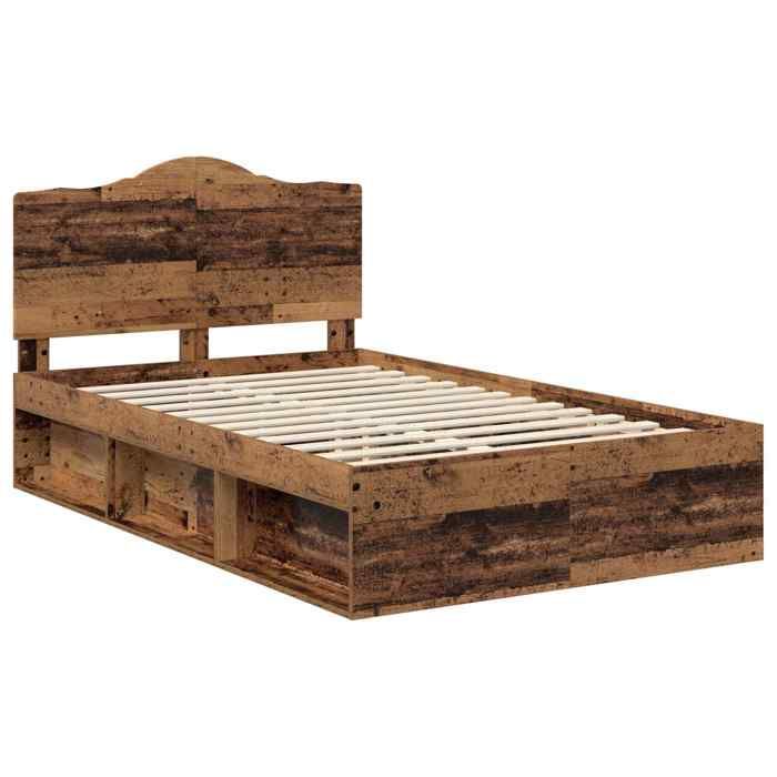Cadre de lit en bois ancien - UU - 120x190 cm - Pin massif - Bois dingénierie - Tête de lit incluse - Cadre à lattes