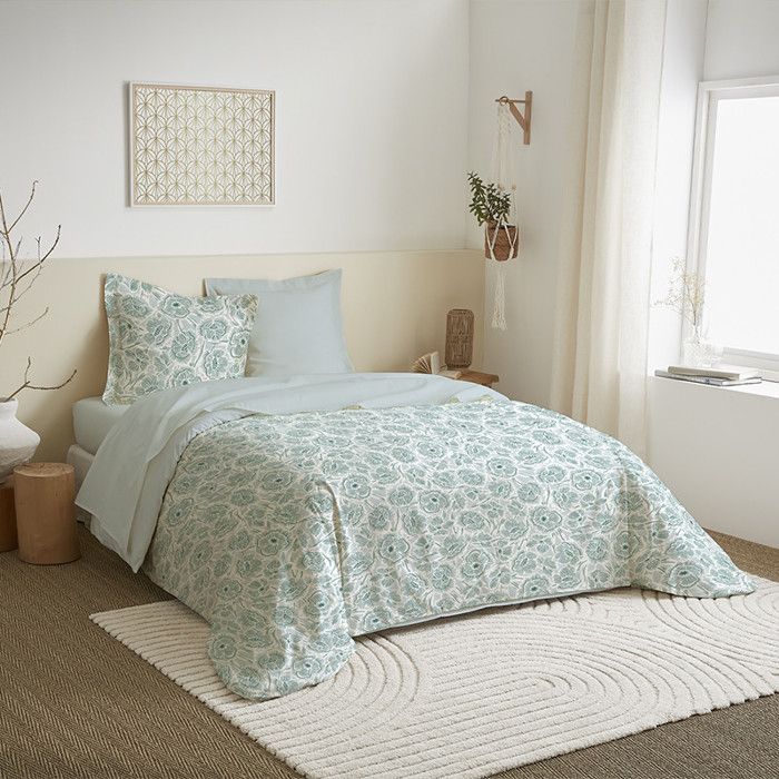 Parure de couette 4 pièces réversible 240 x 220 cm Agathe Celadon pour lit 140 x 190 cm Coton Pur