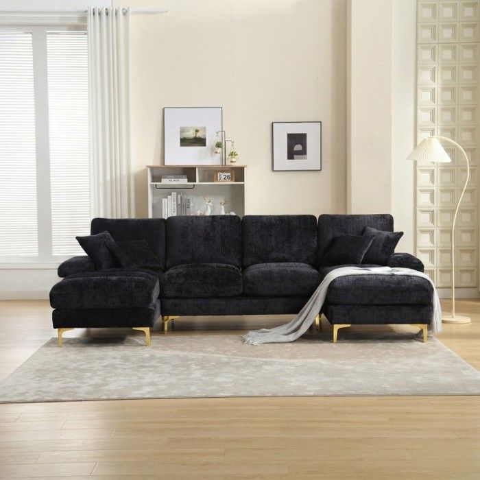 Canapé panoramique en U - LANGTU - 272 cm - Double méridienne - Pieds métal doré 15 cm - Revêtement chenille